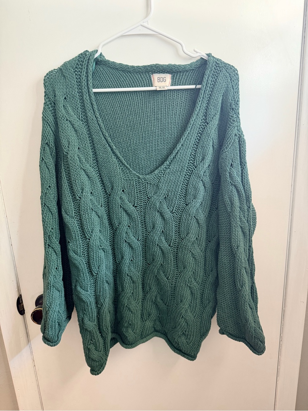 BDG Chunky Cable V-Neck Sweater in Teal